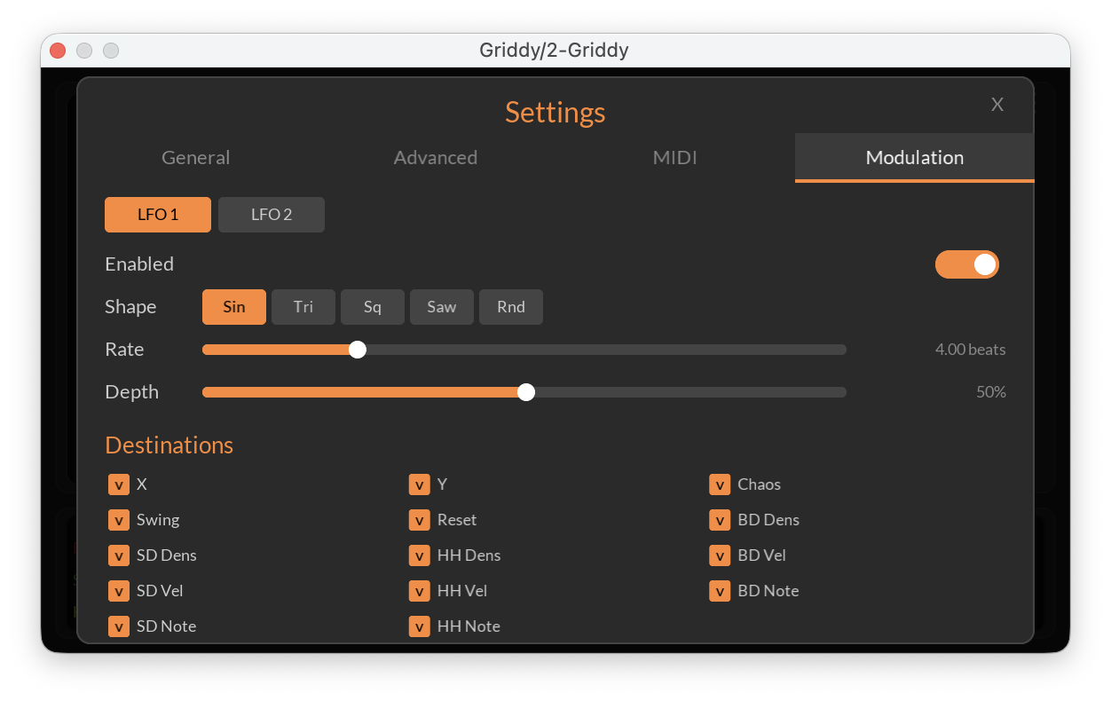 Griddy settings modulation tab